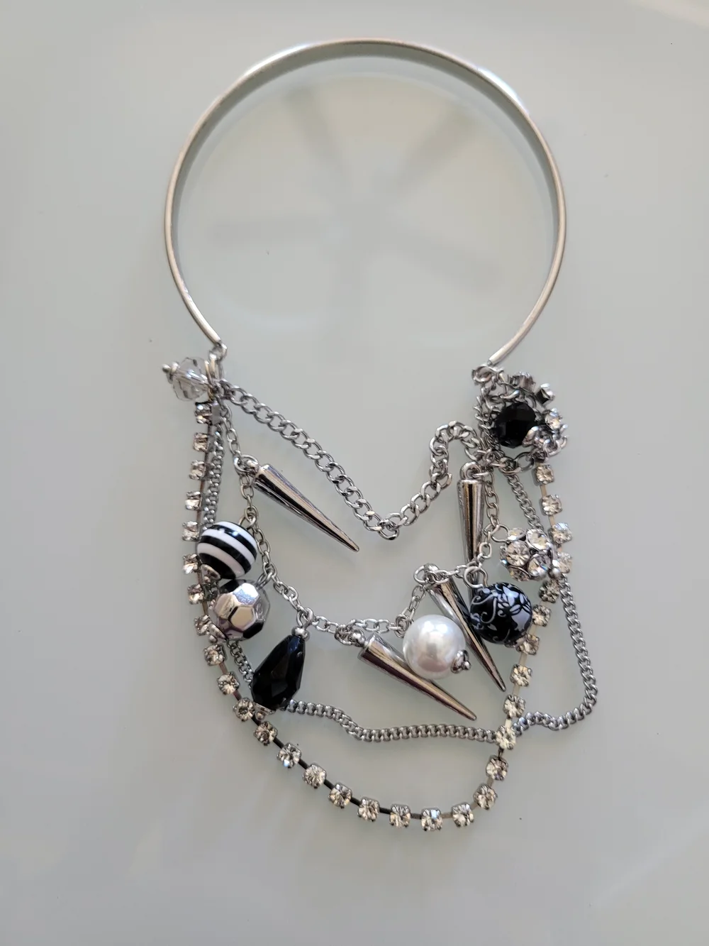 Edgy Glam Charm Bangle Bracelet Silver Tone Spikes Pearls Rhinestones